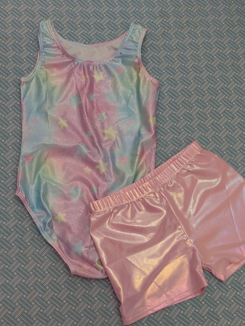 Gymnastics Iridescent Pastel Star Leotard & Pink Shimmer Shorts Set